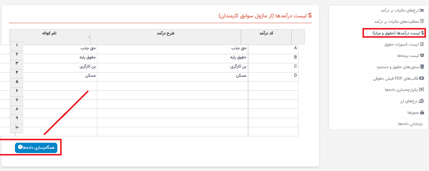 لیست درآمد در حقوق و دستمزد منابع انسانی